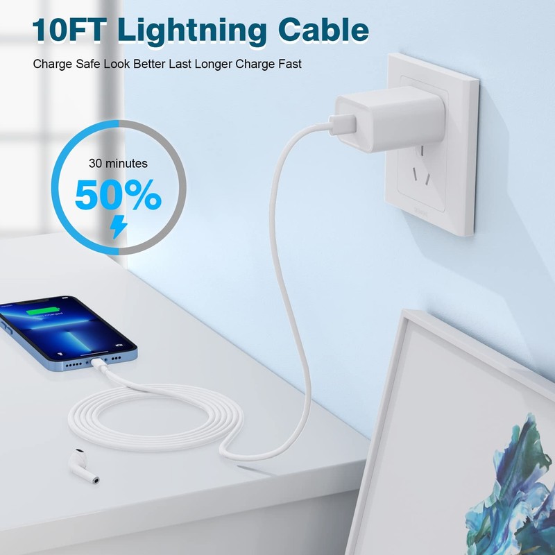 iPhone Fast Charger,Extra Long Charger 2Pack (10FT C-L), White gallery