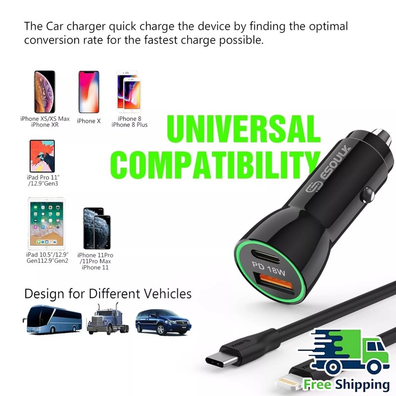 Esoulk Fast Charging 18W Power Delivery USB-C / 2.4A USB-a Port Car Charger