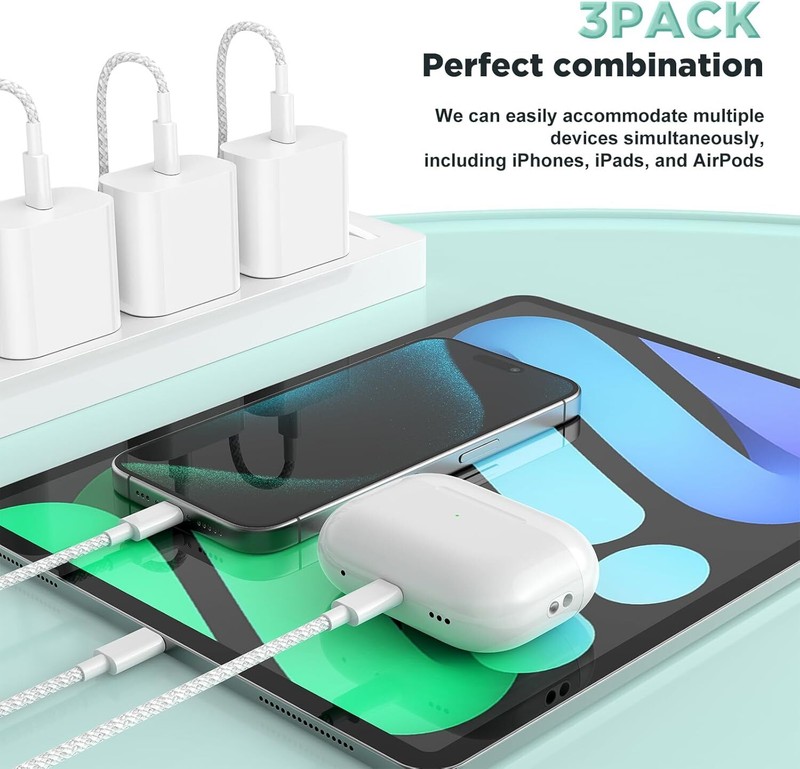 3Pcs PD Fast Charger Block Braided Type USB C To USB C Cable For iPhone 15 16 17 gallery