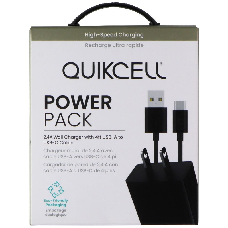 Quikcell Power Pack 2.4A Wall Charger with 4ft USB-A to USB-C Cable – Black