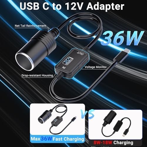 USB C to 12V Cigarette Lighter Adapter, 36W Type C Power Cable for Dash Cam, GPS gallery