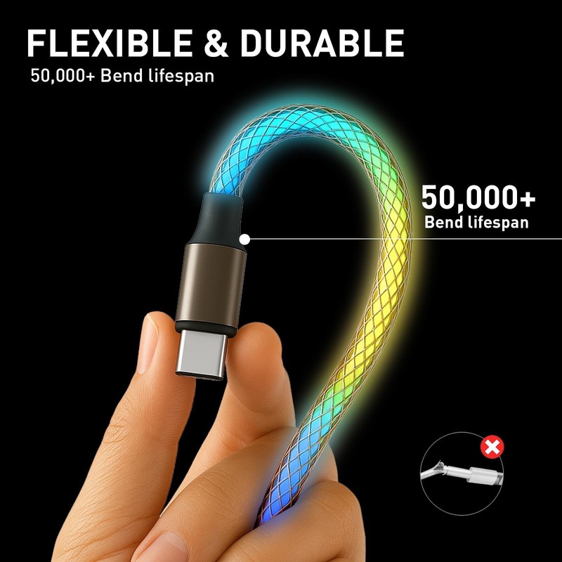 USB Charger Cable 60W RGB Colorful Gradual Light up USB A to Cable for iPhone... gallery