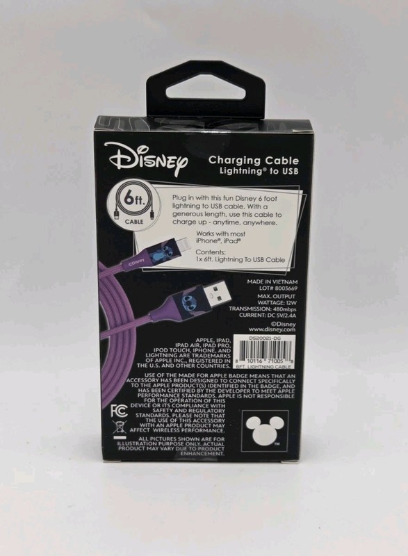 Disney's Stitch 6ft USB Charging Cable iPhone iPad Purple Braided Sync Cord NEW gallery