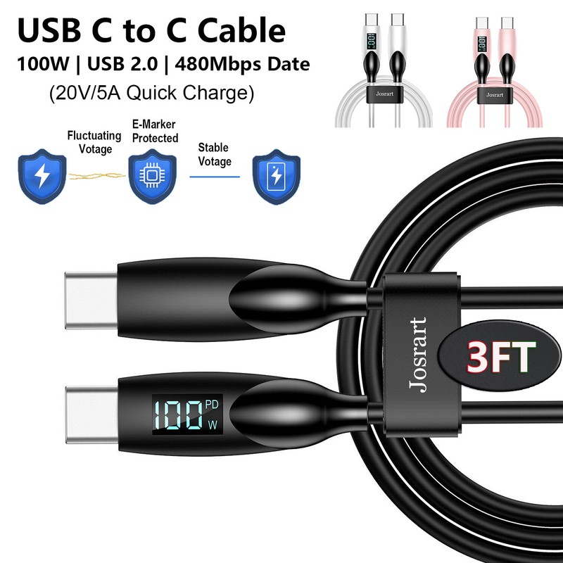 100W PD Fast Charging Cable,USB C to USB C Cord Type-C Charger with LED Display