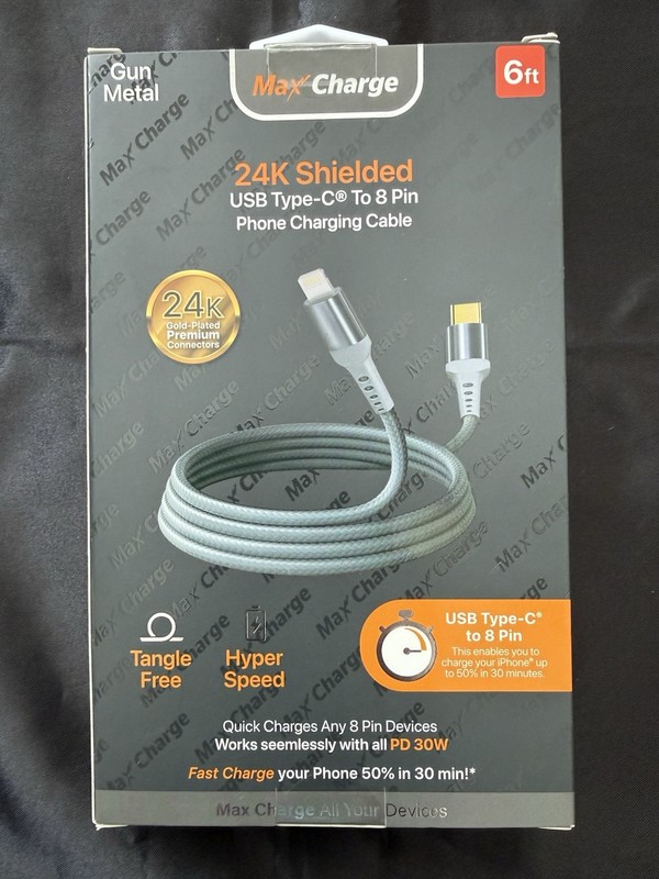 Max Charge Premium USB Type-C To 8 Pin Charging Cable 6 Feet Gun Metal 24k gallery