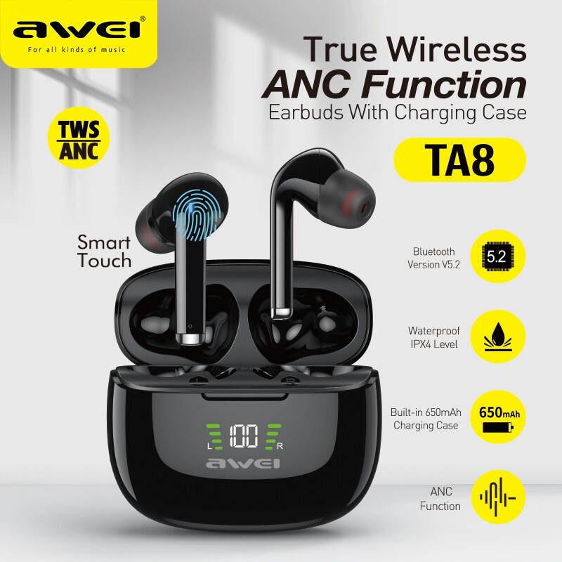 Awei TA8 ANC Bluetooth Earphones Wireless Headphones LED Display TWS Headset