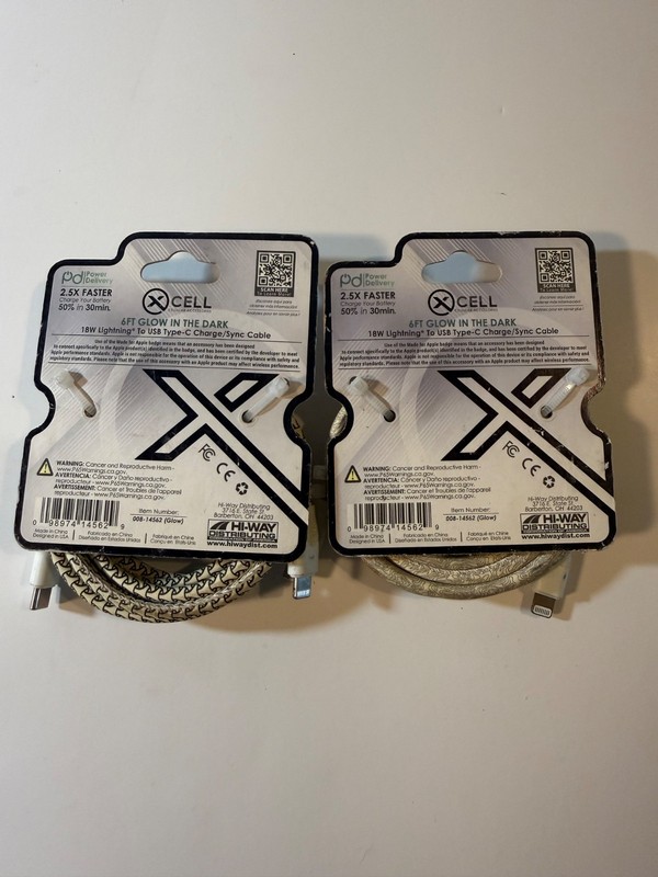 Lot of 2 X-Cell Hi-Vis Glow in the Dark USB-C to iPhone 6ft Cable 18W gallery