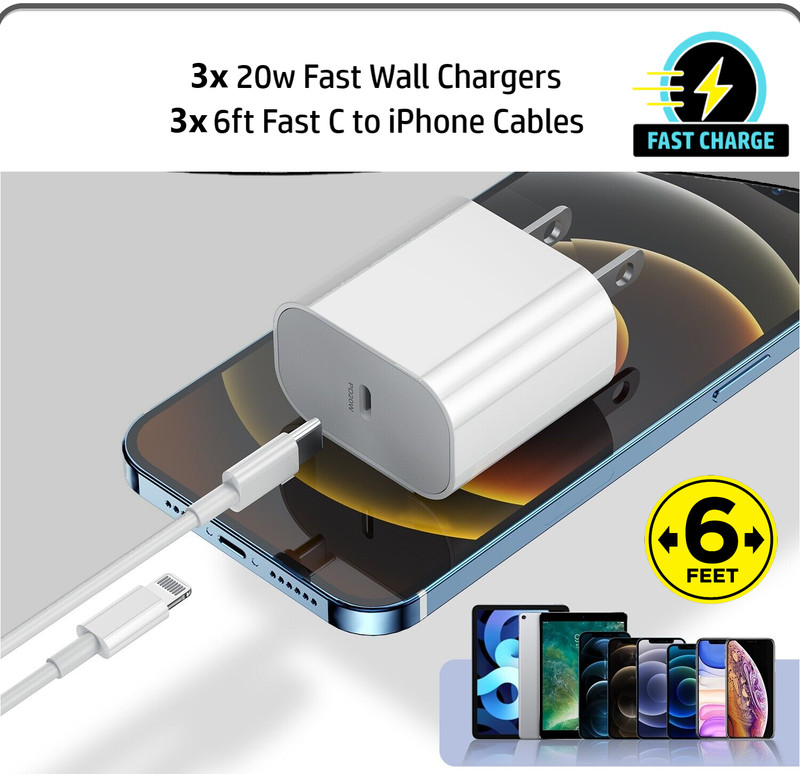 3 Pack Fast Wall Charger Cable For iPhone 12 13 14 15 16 17 iPad X XR XS 8 7 Max gallery
