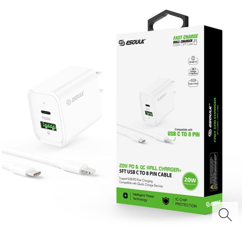 ESOULK 20W PD/QC Wall Charger & 5FT Cable For C To 8pin | White