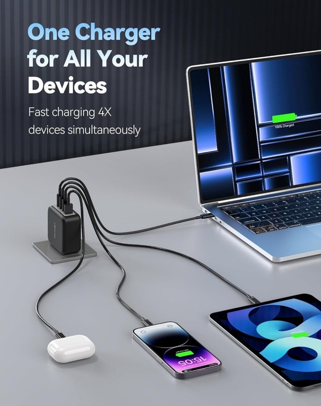 TECKNET 100W USB C Wall Charger, GaN Ⅲ Portable USB-C Fast Charger Block gallery