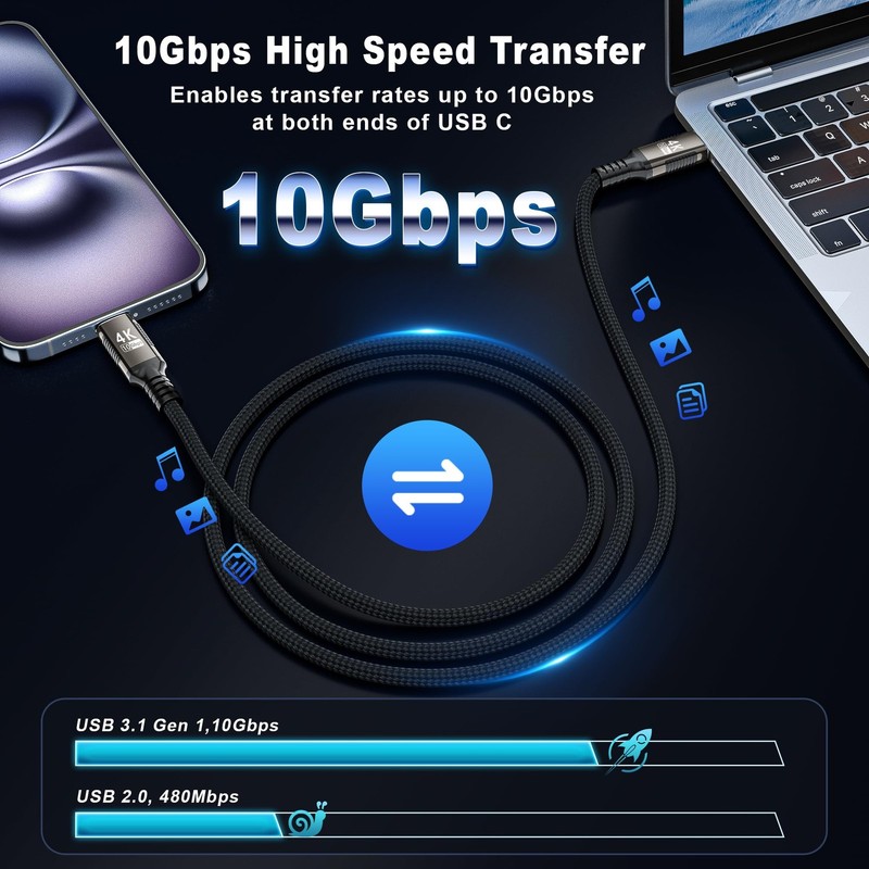 Long USB C To C Cable 10FT For Thunderbolt 3 10Gbps 4K@60Hz/2K@120Hz 100W gallery