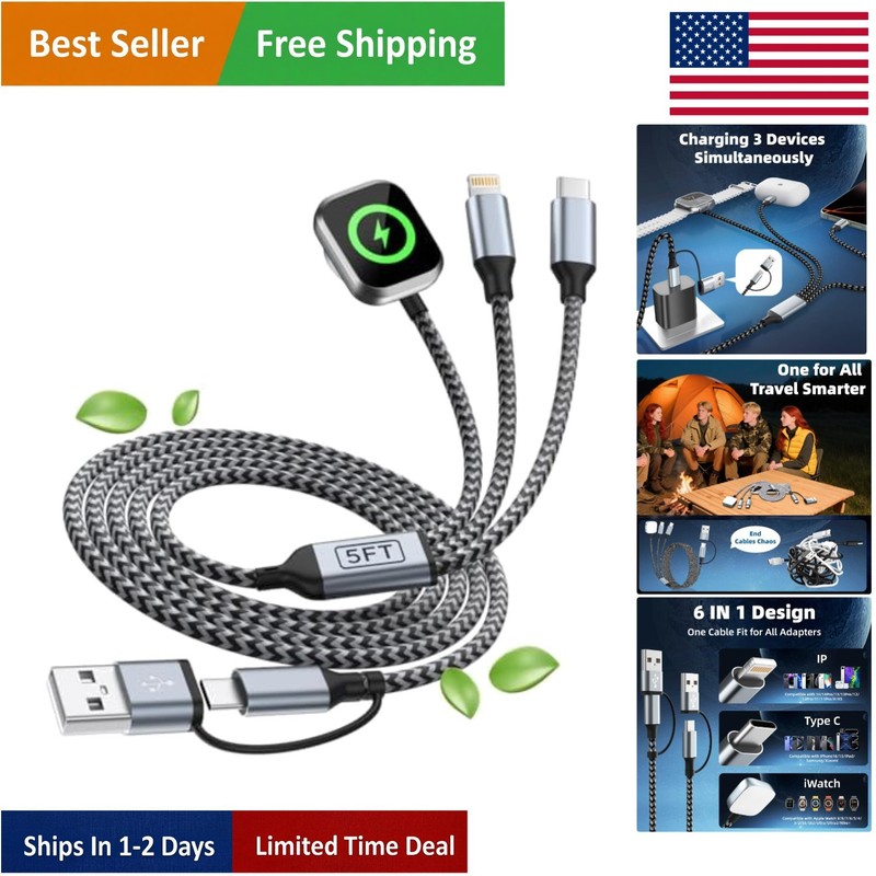 5FT 3-in-2 USB A/C Multi Charging Cable for iPhone, Watch, and Android Devices
