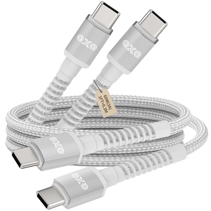 2 Pack Short 1ft USB C to C Cable 60W Fast Charging Type C Power Cord White