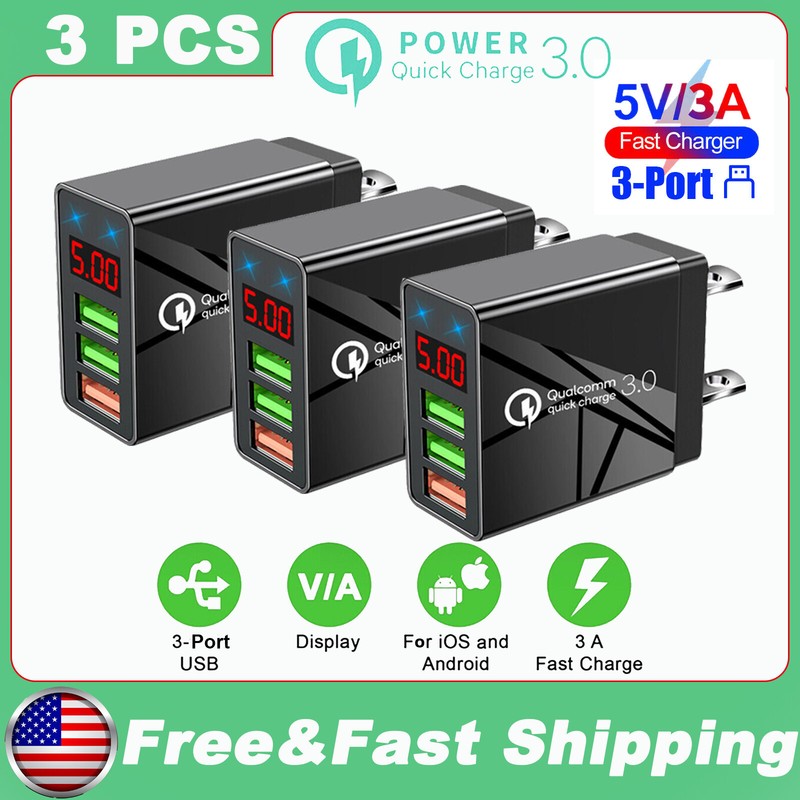 3PCS 3 Port Fast Quick Charge QC 3.0 USB Hub Wall Charger Power Adapter US Plug