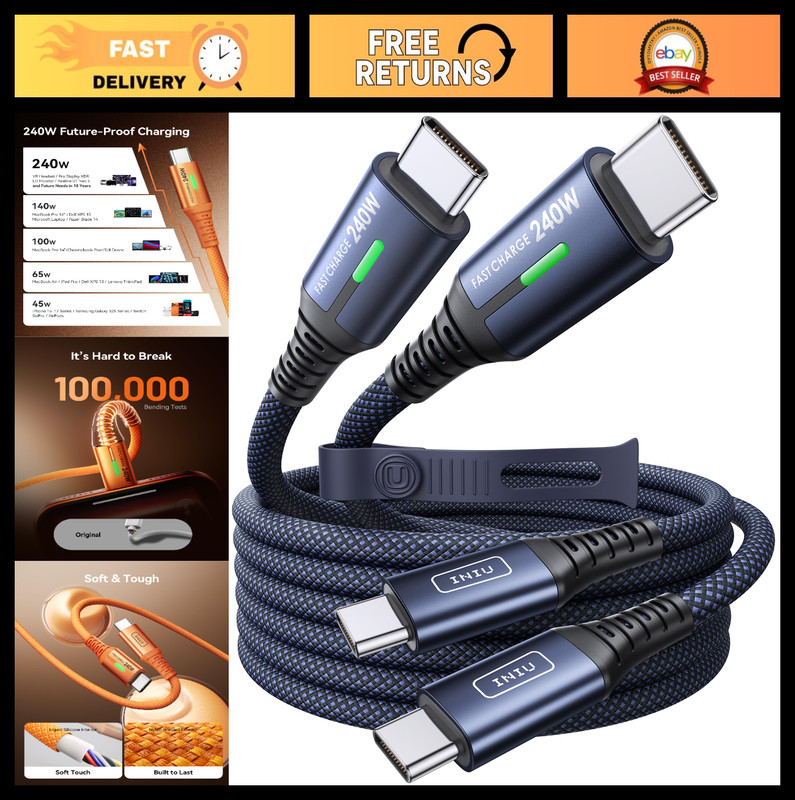 240W Fast Charging USB C to USB C Cable, 6.6ft Braided Charger for iPhone, Samsu