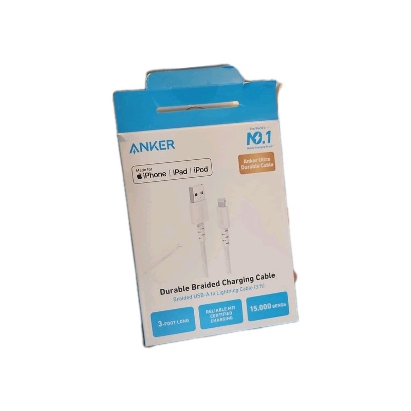 3ft Anker Durable Braided Charging Cable – USB A – iPhone iPad iPod – White