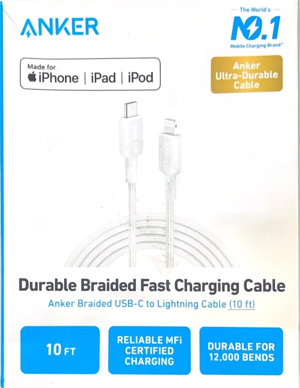 Lot off 5 Anker 10′ Braided Lightnin to USB-C Fast Charging Cable – White