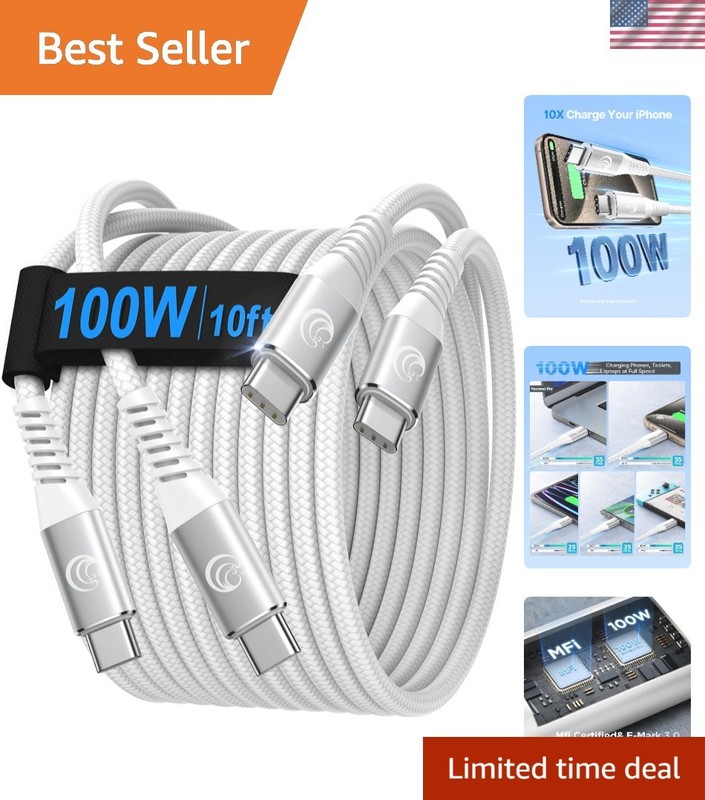 Durable USB C to USB C Cable 10ft – 100W Dual Pack, Eco-Friendly Braided Design