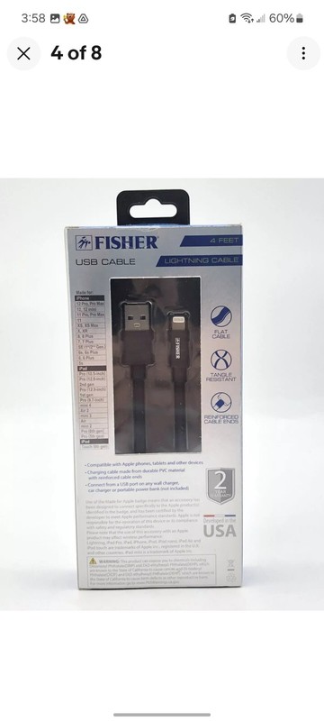 FISHER USB Cable 4 ft Quick Charge Cable Made for iPhone | iPad | iPod. Black gallery