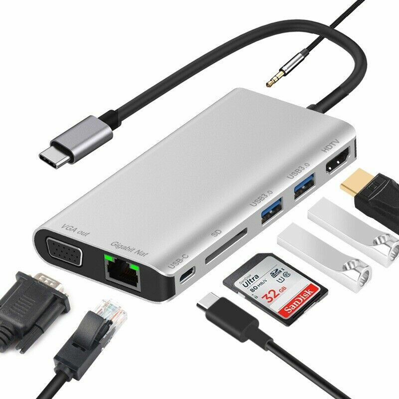 8 in 1 Type-C to HDMI VGA Hub Network Card Expansion Dock USB-C to USB 3.0 PD