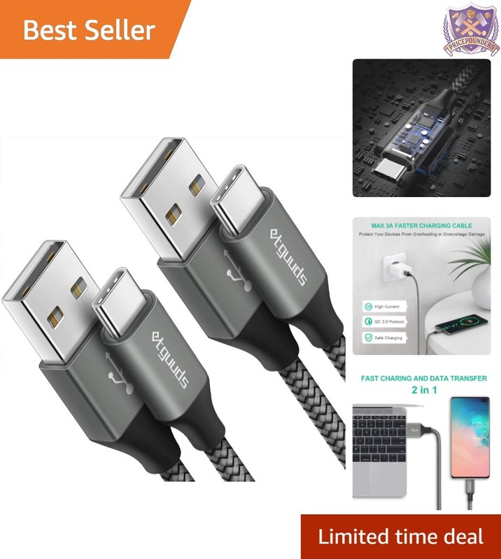 3ft USB A to C Charging Cable - 2-Pack, Durable Fast Charge Compatible Devices