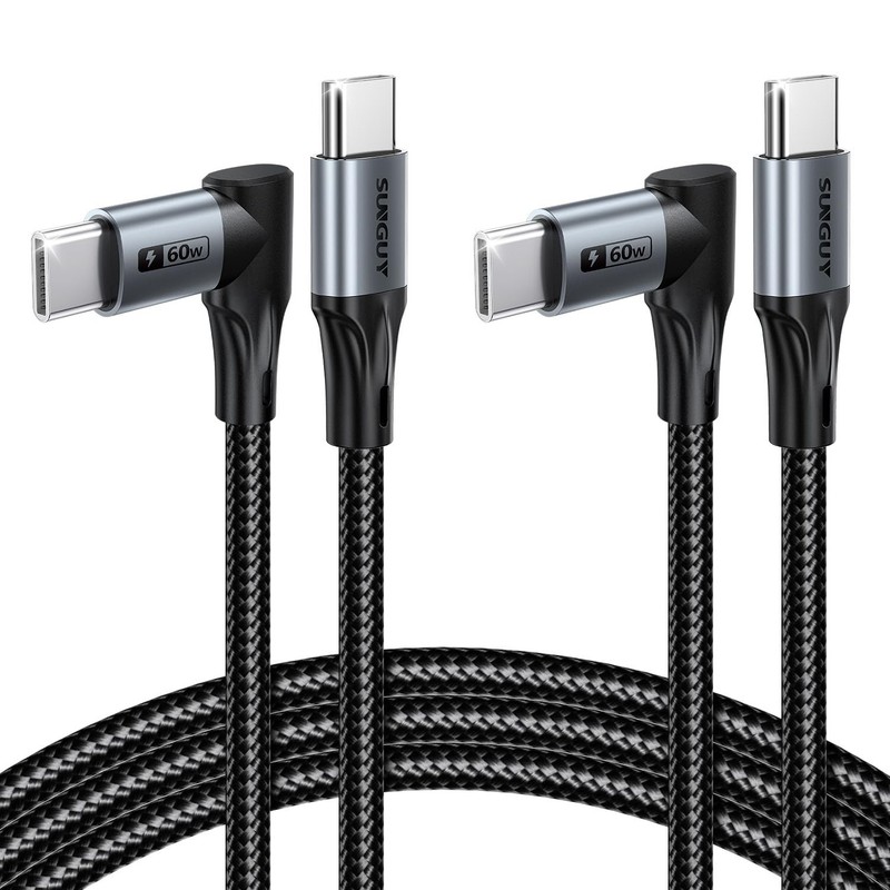 SUNGUY Longer Right Angle USB C Cable for Thick Cases 6FT 6FT+6FT, Grey