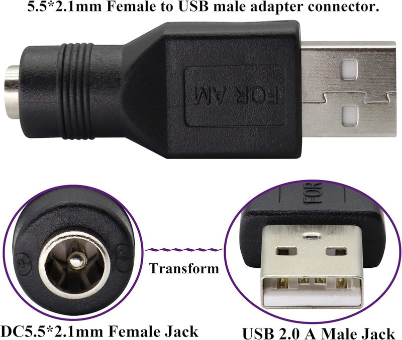 USB to DC Power Adapter, 2PCS USB 2.0 Male to DC 5.5Mm X 2.1Mm Female 5V Connect gallery