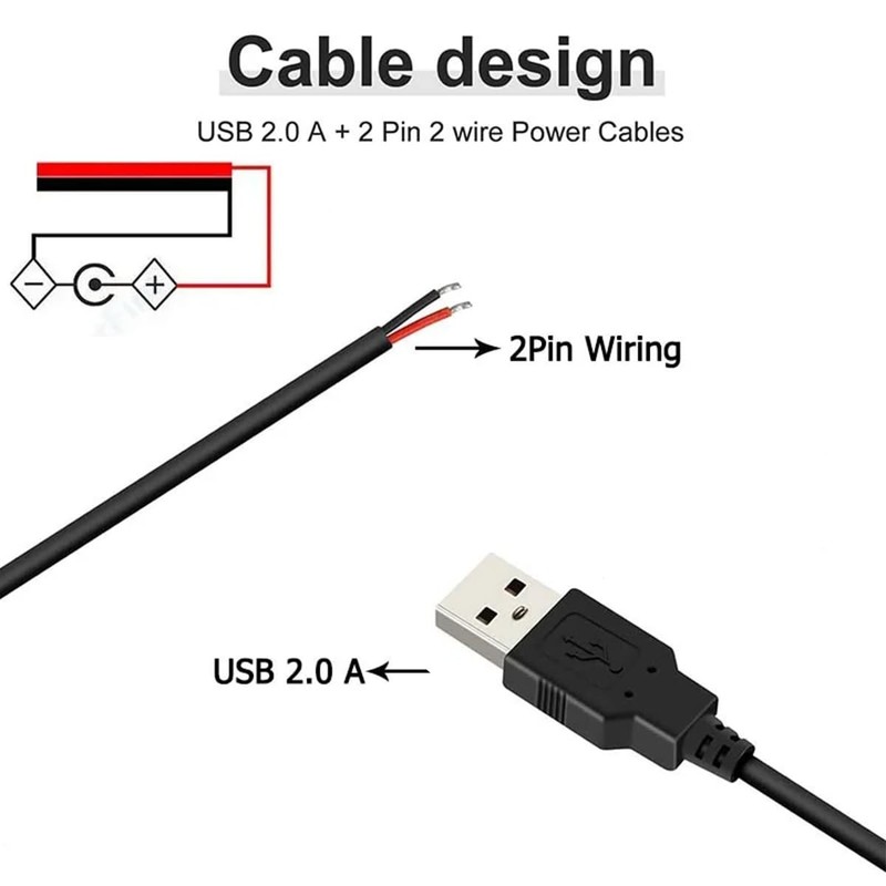 5Pcs 3.2Ft 22AWG USB 2.0 2Pin Pigtail Cable, 3A 5V USB A 2 Core Bare Wire Ope... gallery