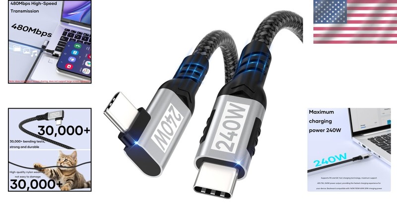 High-Speed 1.64FT USB C to C Cable, 240W PD 3.1, Right Angle Braided Design gallery