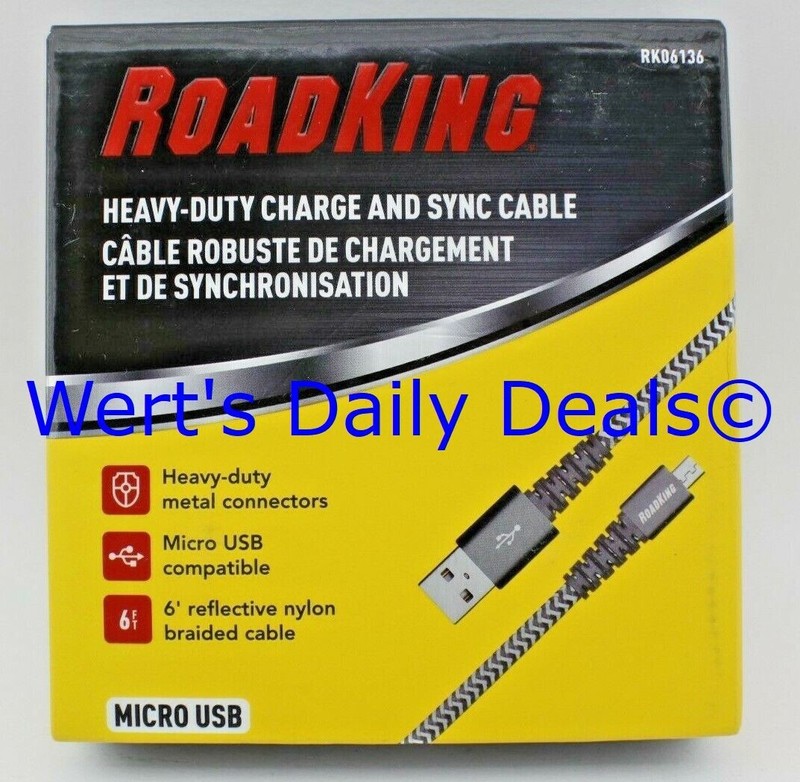 ROADKING 6′ ft HEAVY DUTY CHARGE & SYNC NYLON CABLE USB TO MICRO USB Car Truck