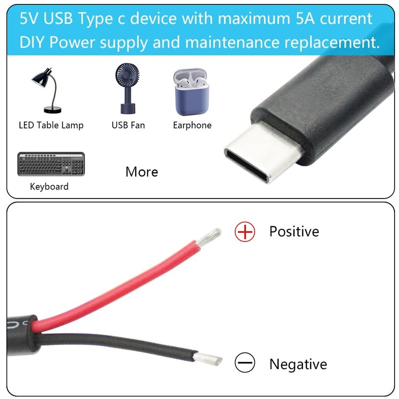 USB C to 2 Pin Power Cable 11 5V/5A Male Plug Pigtail for DIY Repairs - 4Pcs gallery