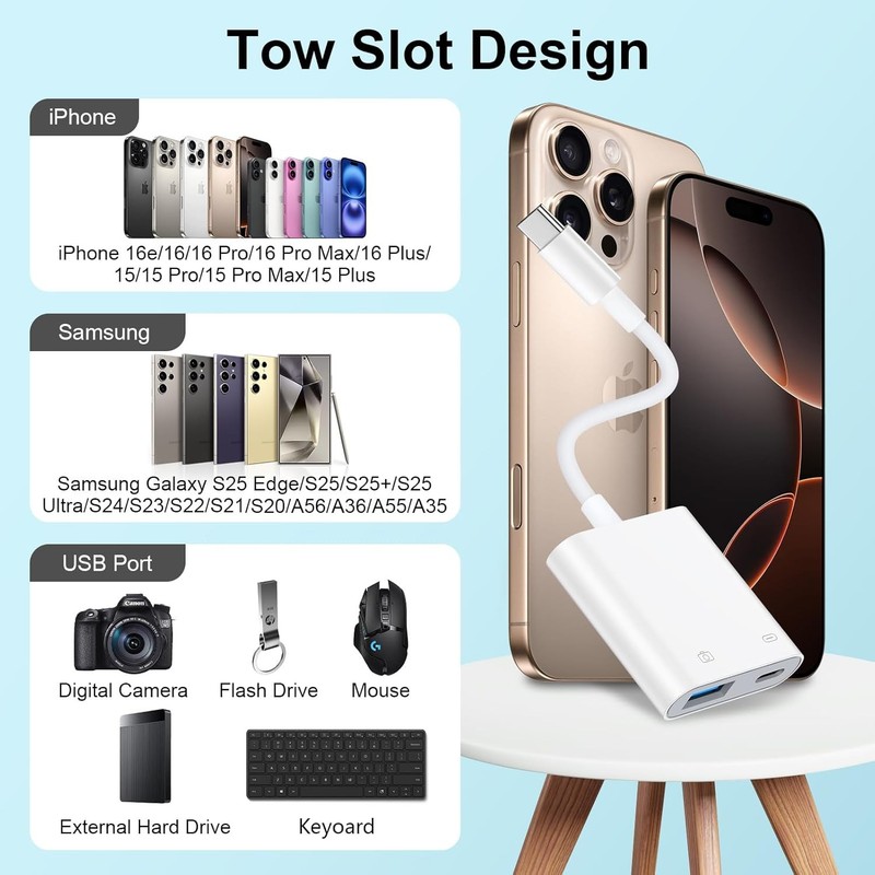 USB C to USB Camera Adapter for iPhone 16, Portable USB C Male to Female USB OTG gallery