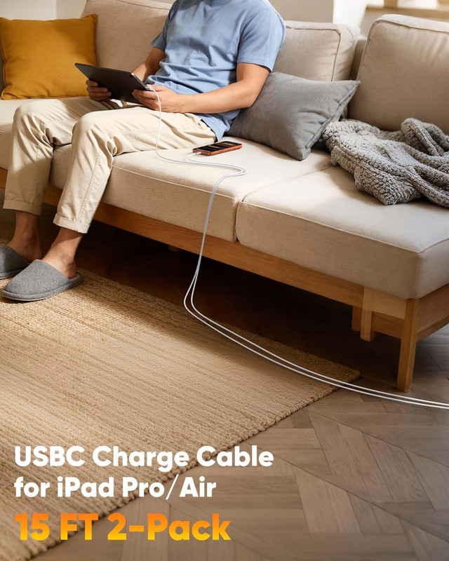 Long USB C to USB C Cable 15 FT (2-Pack，220W, Data 480M), Braided Fast Charin... gallery