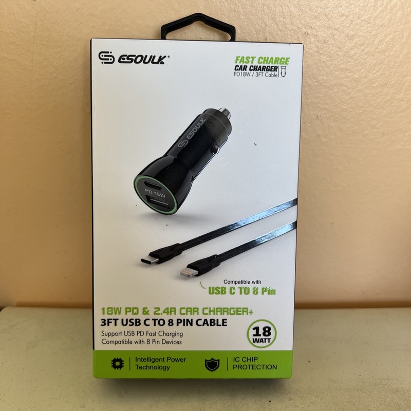 DUAL USB CAR CHARGER USB-C 18 W and 2.4 USB Plug. 3ft Cable iPhone Charger