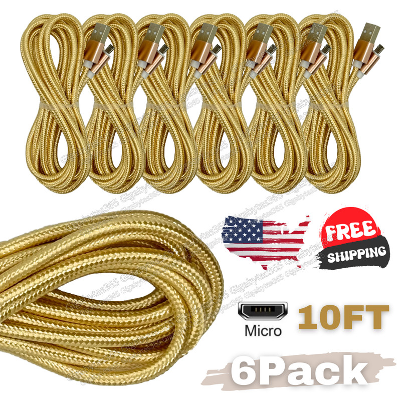 3/6Pack 10Ft Micro USB Cable Data Sync Charger Charging Cord for Android Samsung