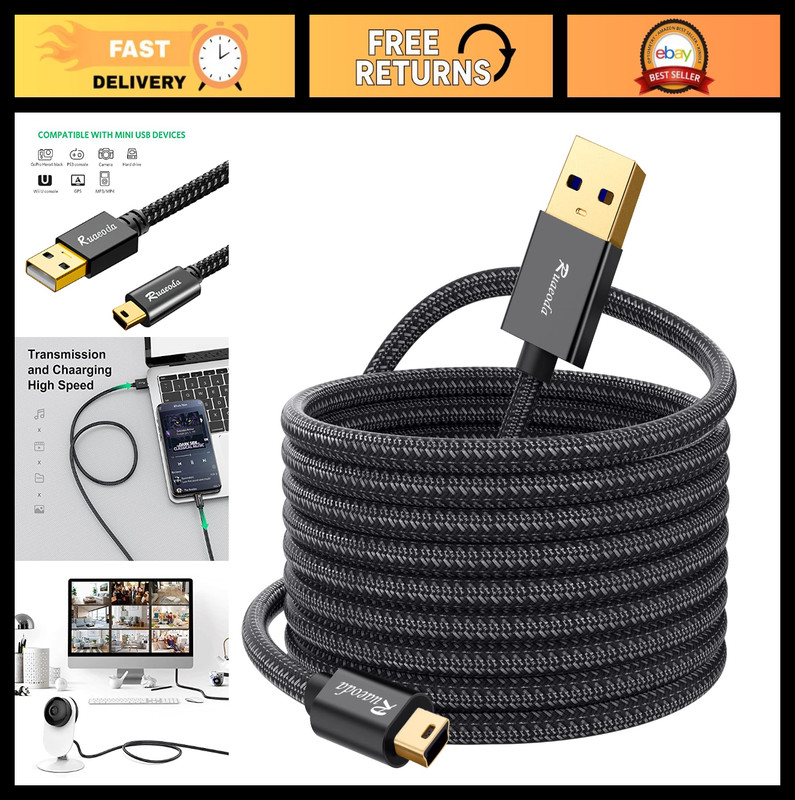 25ft Mini USB Cable 2.0 Type A to Mini 5 Pin B, Compatible with GoPro, PS3, Cell