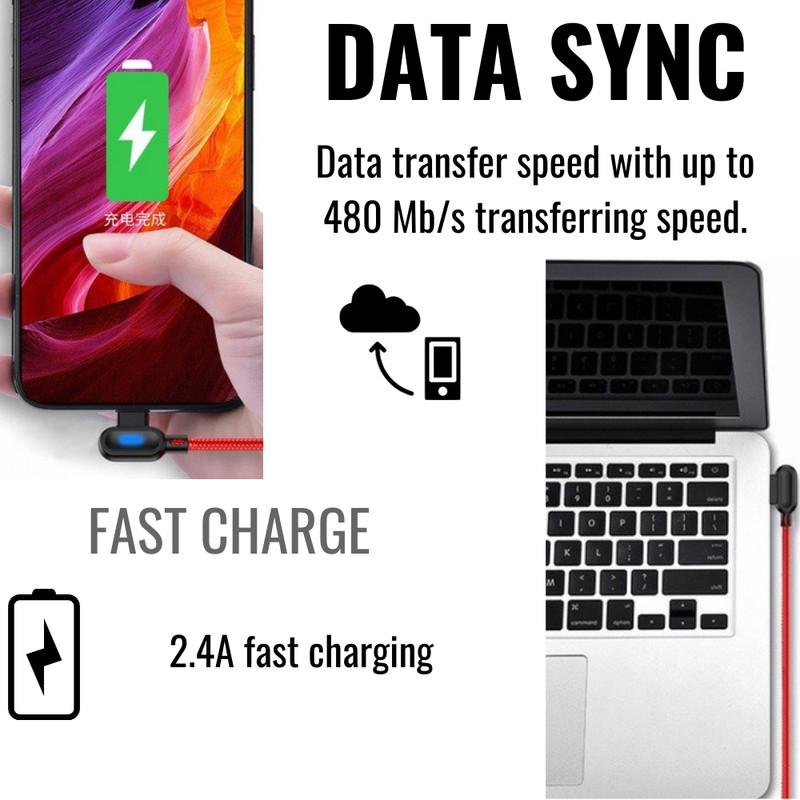 USB Type C Fast Charging 90° LED Right Angle Charger Cable Data Sync Universal gallery