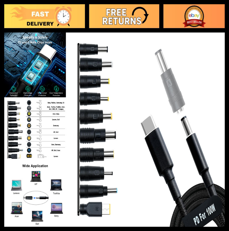 10PCS USB C to DC Power Adapter Kit, 100W PD Power Cable & 5.5×2.1mm Jack