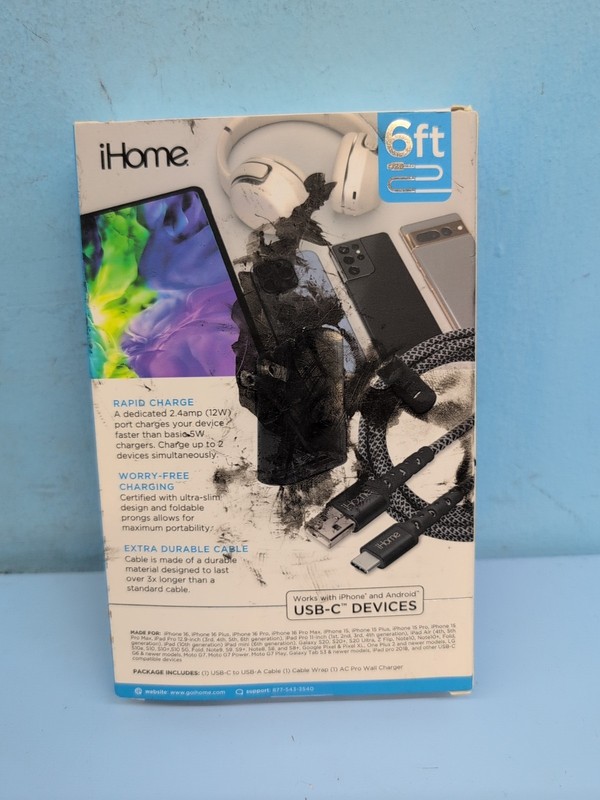 iHome Dual Port Wall Charger & USB-C Cable 6ft Black IHCT3156B-OD gallery