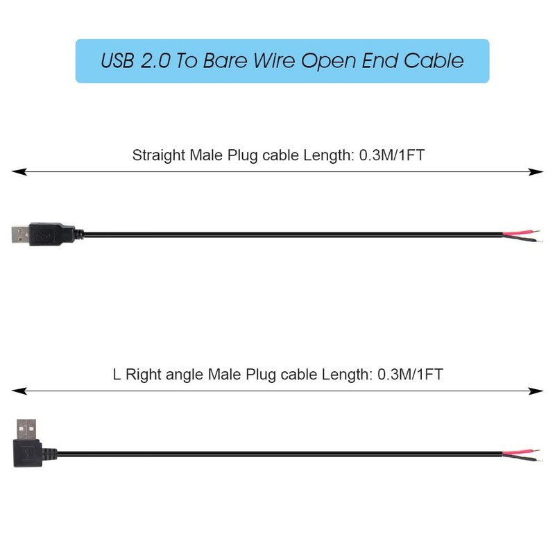 4pcs USB 2.0 To Bare Wire Open End Cable 12inch 5V 2.1A 2 cores Power Pigtail... gallery