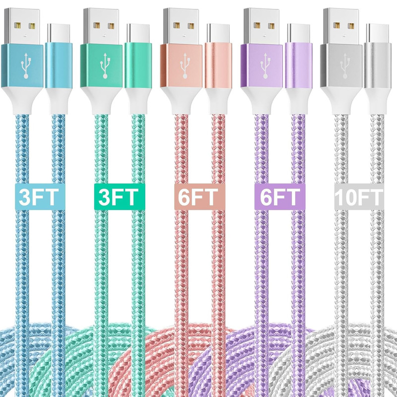 HKYUSHINE USB to USB C Cable, 5 Pack(3/3/6/6/10Ft) 3.1A Colored Nylon Braided Ty