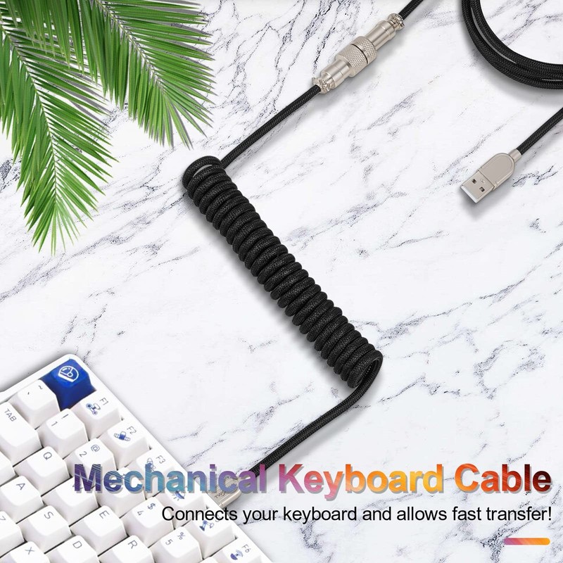USB C Keyboard Coiled Cable Braided Detachable Aviator Double Sleeve White gallery