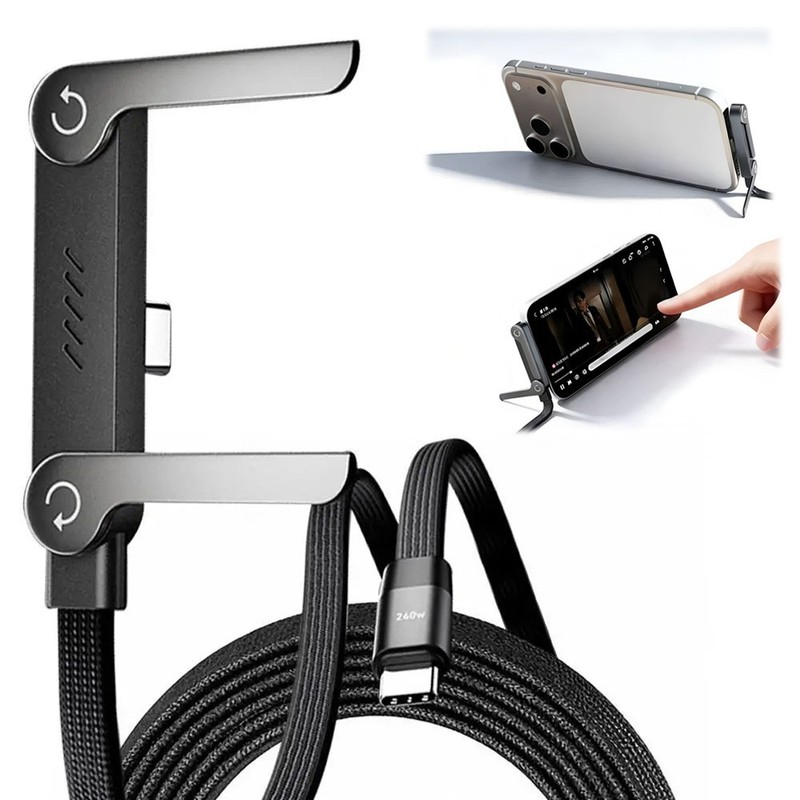 2in1 240W Fast Charging Cord For iPhone 17 With Phone Stand Invisible Holder USA