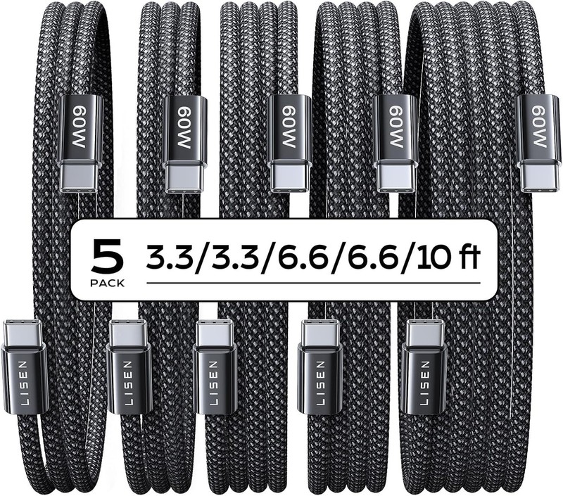 USB C to USB C Cable, 5-Pack Various Lengths for iPhone Charger Cord
