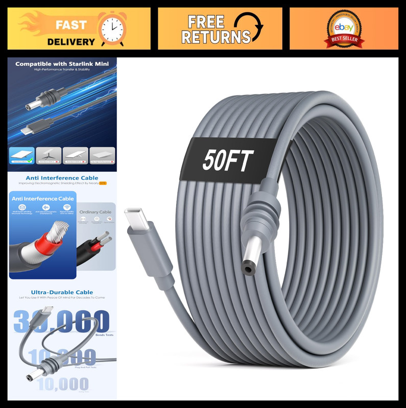 50FT USB C to DC Power Cord, 20V 5A Barrel Jack Cable for Starlink Mini, Waterpr