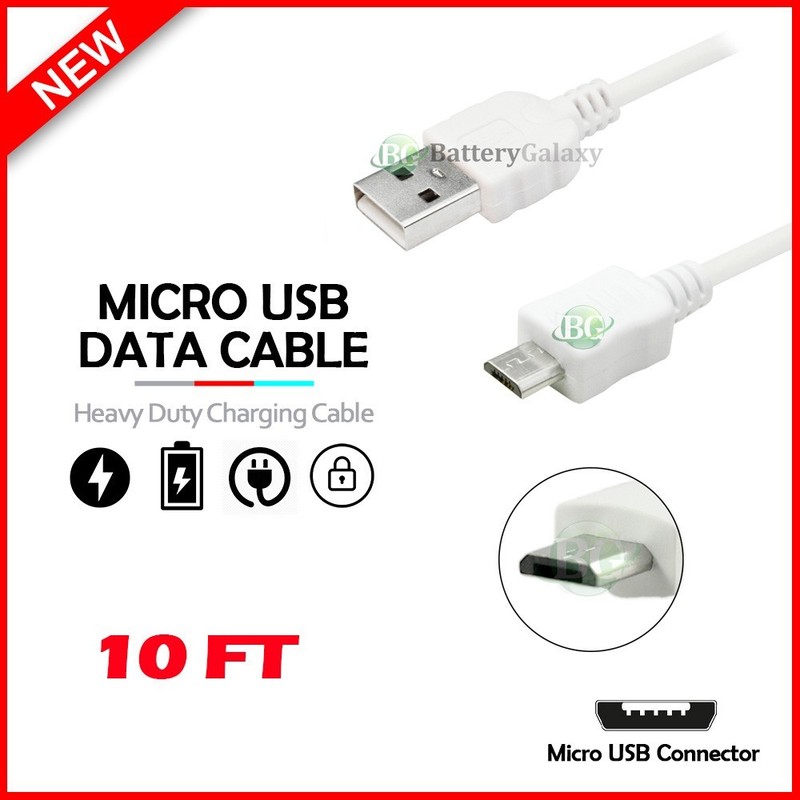 10ft White USB 2.0 Type A Male to Micro-B 5-Pin Cable
