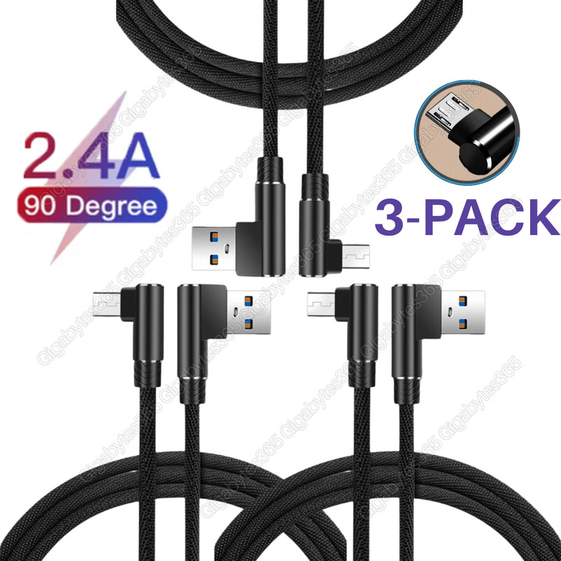 3Pack 90 Degree Right Angle Micro USB Cable 3/6/10FT Fast Charger For Samsung LG