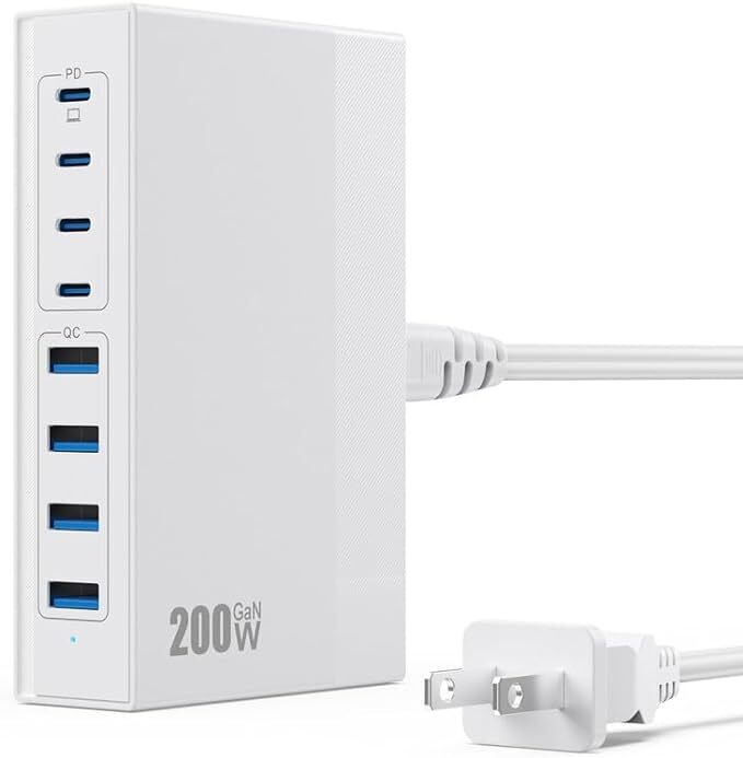 200W USB C Charger Block, 8-in-1 GaN III USB C Charger Fast Charging Station