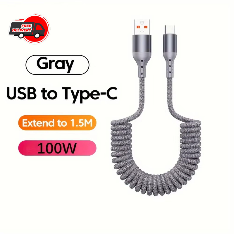 100W Fast Charging Type C Car Spring Cable USB C Data Wire For Samsung Xiaomi 15 gallery