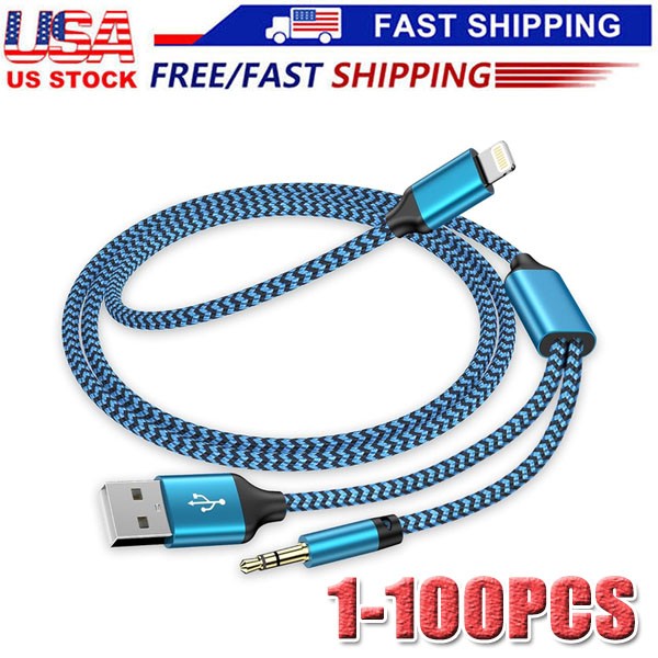 3.5mm Aux Cable with USB A 2-In-1 Charge Fit with iPhone 14 13 12 11 XS XR lot